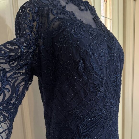 Juliet Womens Plus Bead Tea Length Dress 18W Navy Blue Sheer Lace Modest Midi 1X - Picture 2 of 15